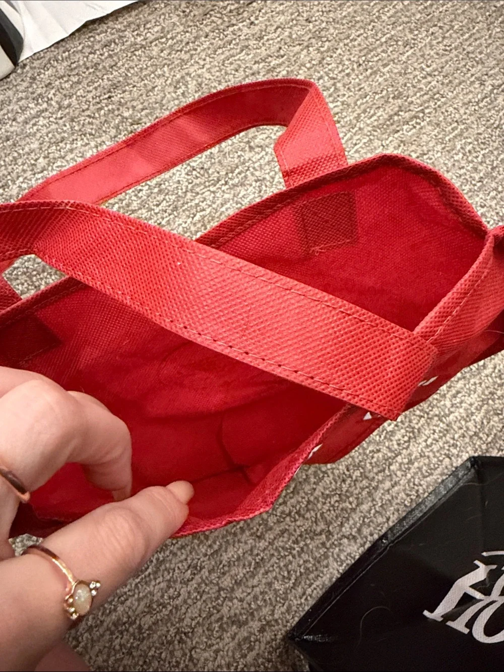 Red Heart-Shaped Tote Bag with White Script